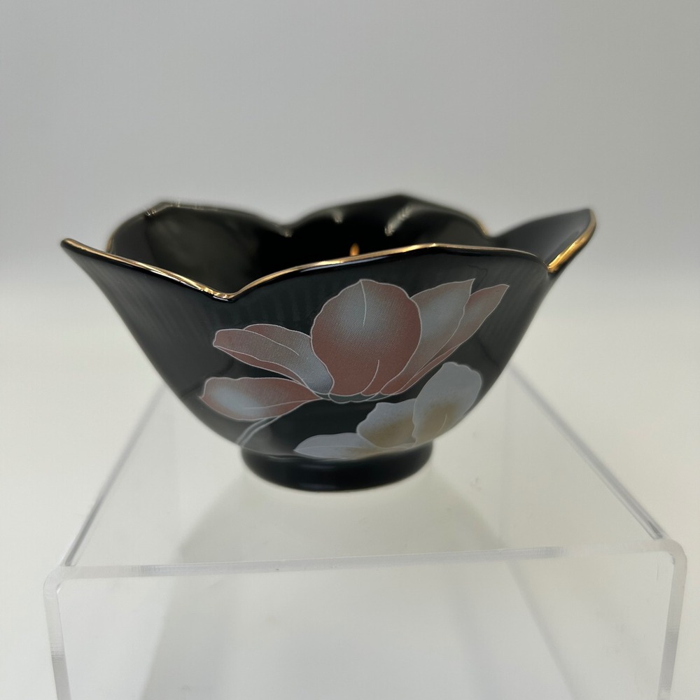 Vintage Mid Century Trinket Dish Action Japan Black Scalloped Floral Gold Trim